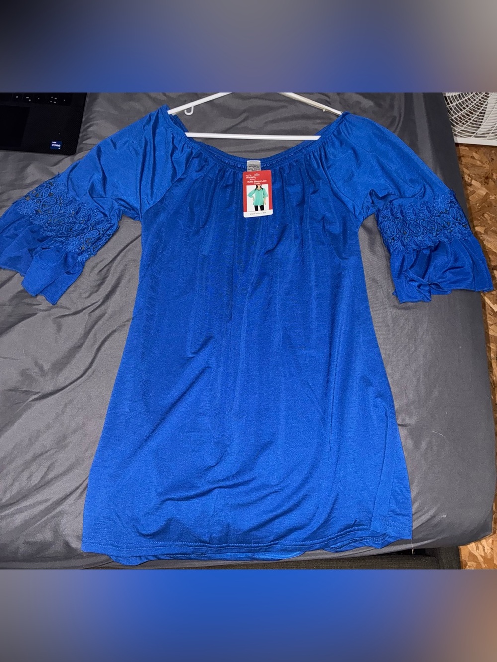 WinWin Off-Shoulder Royal Blue Long Sleeve Dress with Lace Bell Sleeves